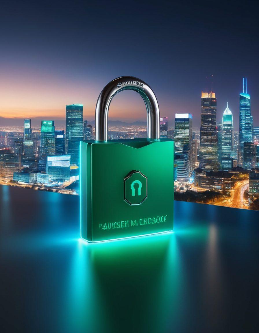 A digital padlock surrounded by various online payment icons like credit cards, wallets, and invoices, all glowing with light. In the background, a secure, modern city skyline representing digital safety. A hand reaches out to the lock, symbolizing action and security. Soft blue and green tones to evoke trust and safety, with a slight glow around the elements. super-realistic. vibrant colors.