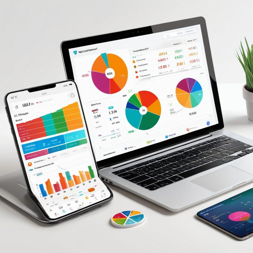 A sleek digital interface displaying a vibrant dashboard of financial management tools, with colorful graphs, pie charts, and payment notifications. Include an open laptop with bills and payment reminders on the screen, alongside a smartphone showing mobile payment apps. The scene should be bright and inviting, reflecting modern technology in finance. super-realistic. vibrant colors. white background.